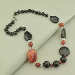 Намисто агат сердолік (60 см, карабін, сталь, чорний, коричневий, срібний)