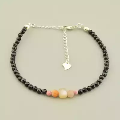 Браслет на карабіні Шпінель, Родоніт, Місячний камінь 18 см срібло (925)