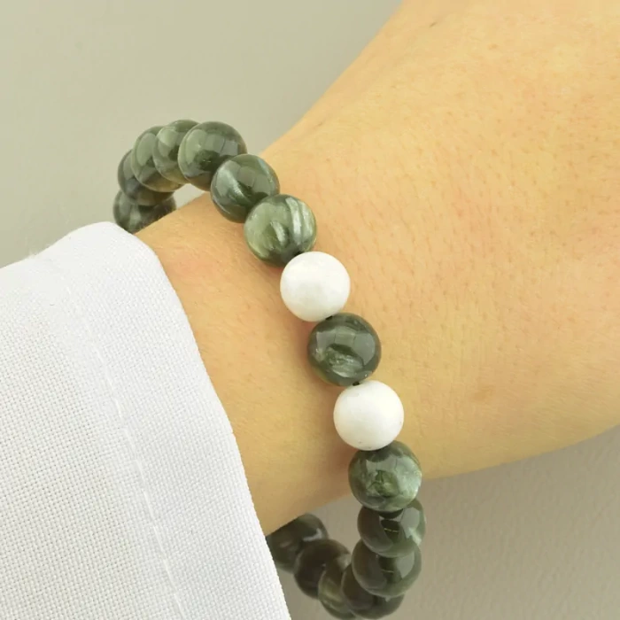 🏷️️ Браслет резинка з серафінітом та місячним каменем (21 см) ss_104644