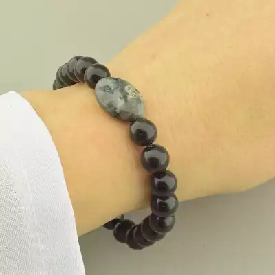 🏷️️ Браслет резинка з лабрадором та шунгітом (18 см) F-104645