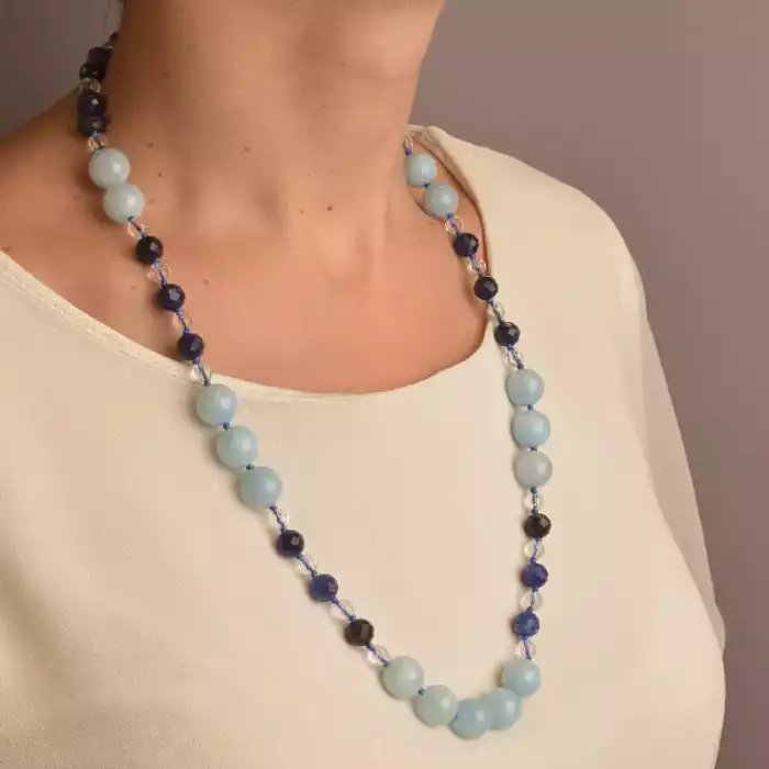 🏷️️ Намисто Аквамарин, Лазурит, Гірський кришталь 61 см. (срібло 925 проба) ss_91081