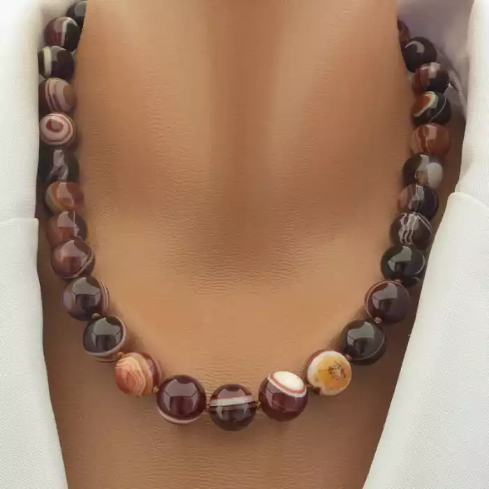 🏷️️ Намисто агат (45 см, з карабіном, сталь, 12 мм, коричневий, срібний) ss_105255