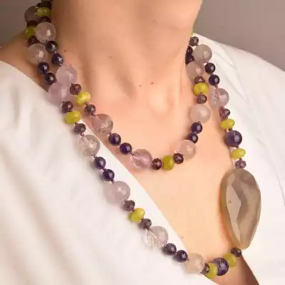 🏷️️ Намисто Агат, Аметист, Пренит 100 см F-53810