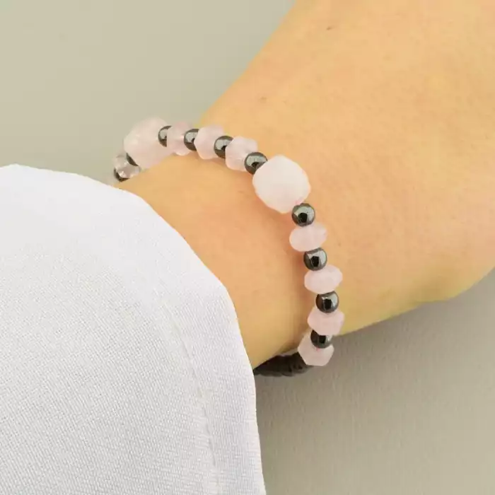 🏷️️ Браслет на резинці Рожевий кварц, Гематит 17 см ss_105865