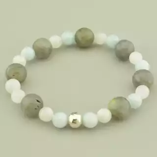 Браслет резинка Лабрадор, Аквамарин, Рожевий кварц 18 см. (срібло 925 проба)