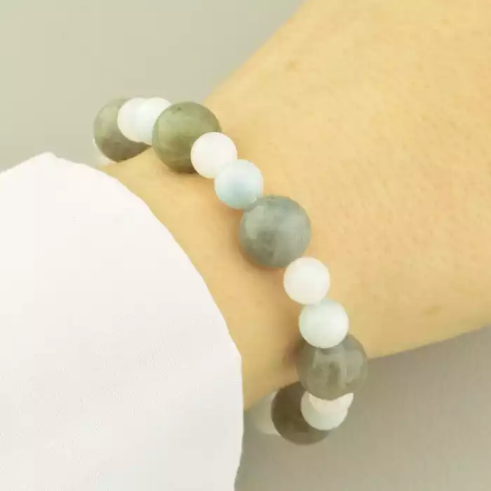 🏷️️ Браслет резинка Лабрадор, Аквамарин, Рожевий кварц 18 см. (срібло 925 проба) ss_102051